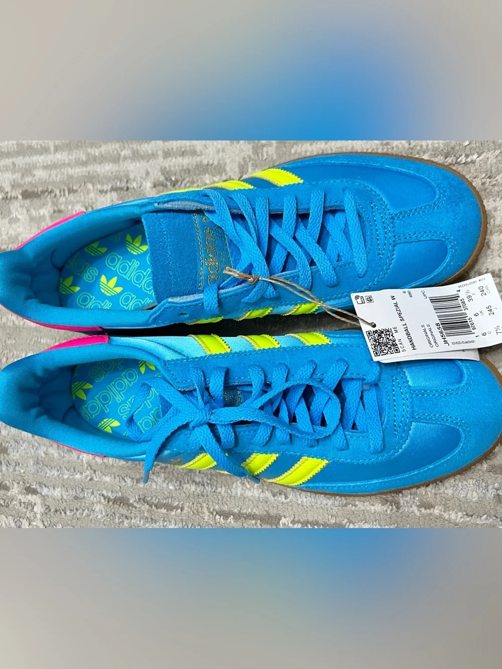 adidas Handball Spezial Bright Blue Sneakers with Neon Yellow Stripes and Pink